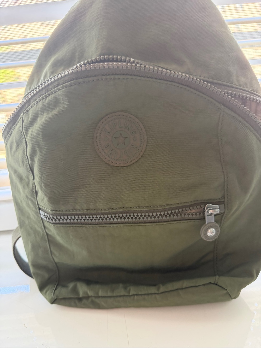 Kipling Olive Green Nylon Backpack with Front Zip Pocket